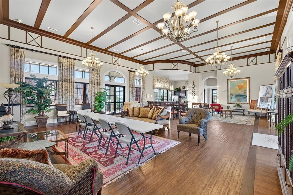 Chandelier, Dining room, Interior, Living room, Recessed Lighting, Wooden Beams, Wood Texture Flooring