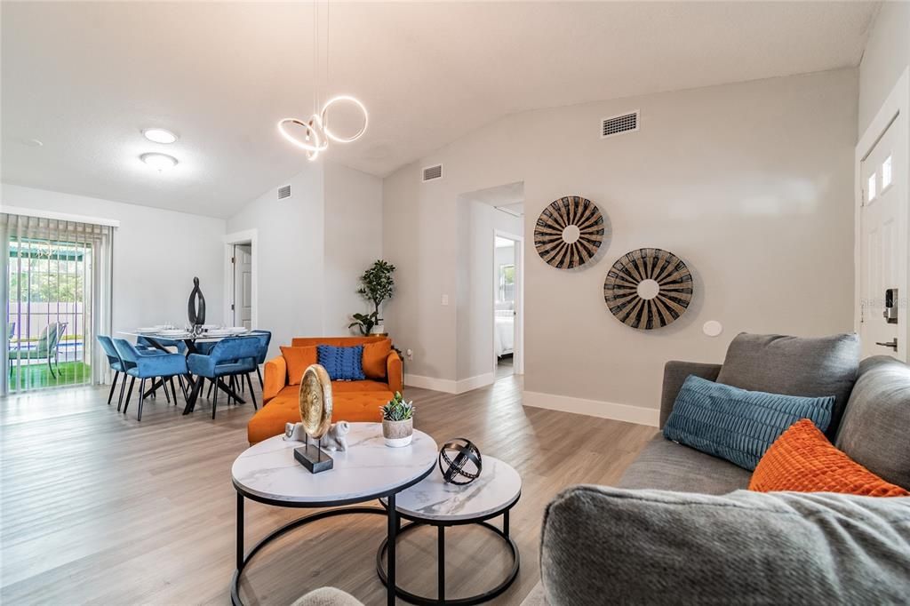 Dining room, Interior, Living room, Pendant Lights, Wood Texture Flooring