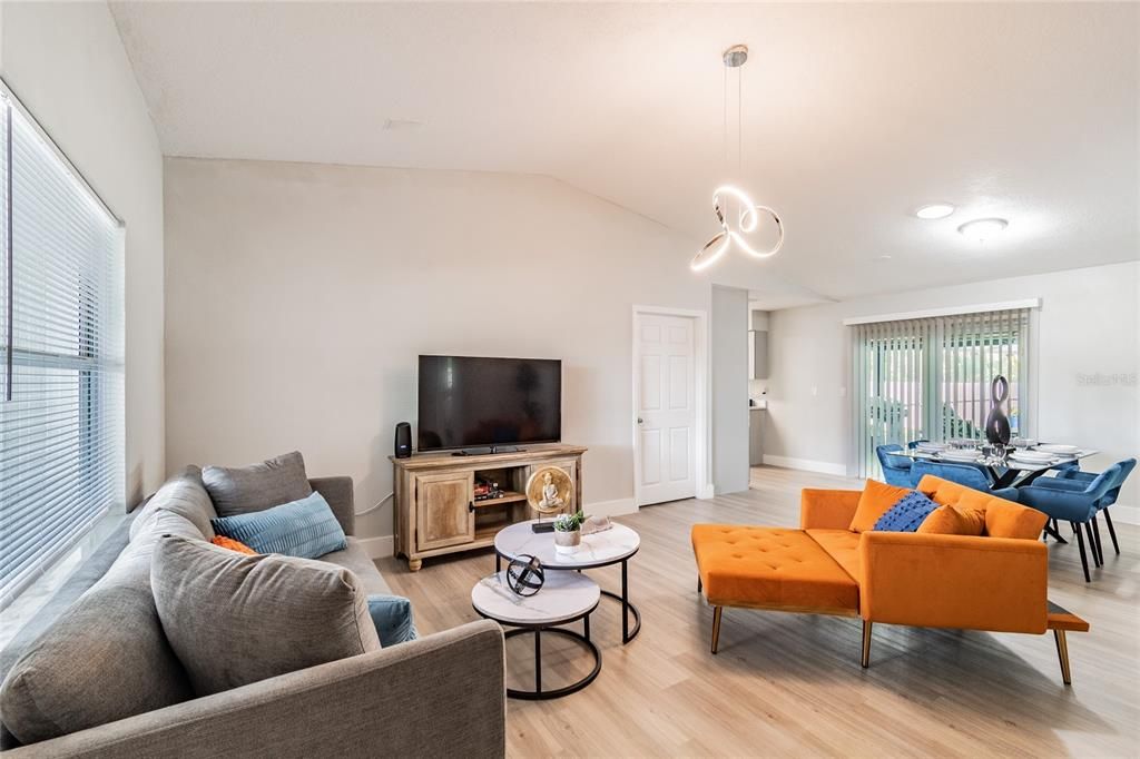 Dining room, Interior, Living room, Pendant Lights, Wood Texture Flooring