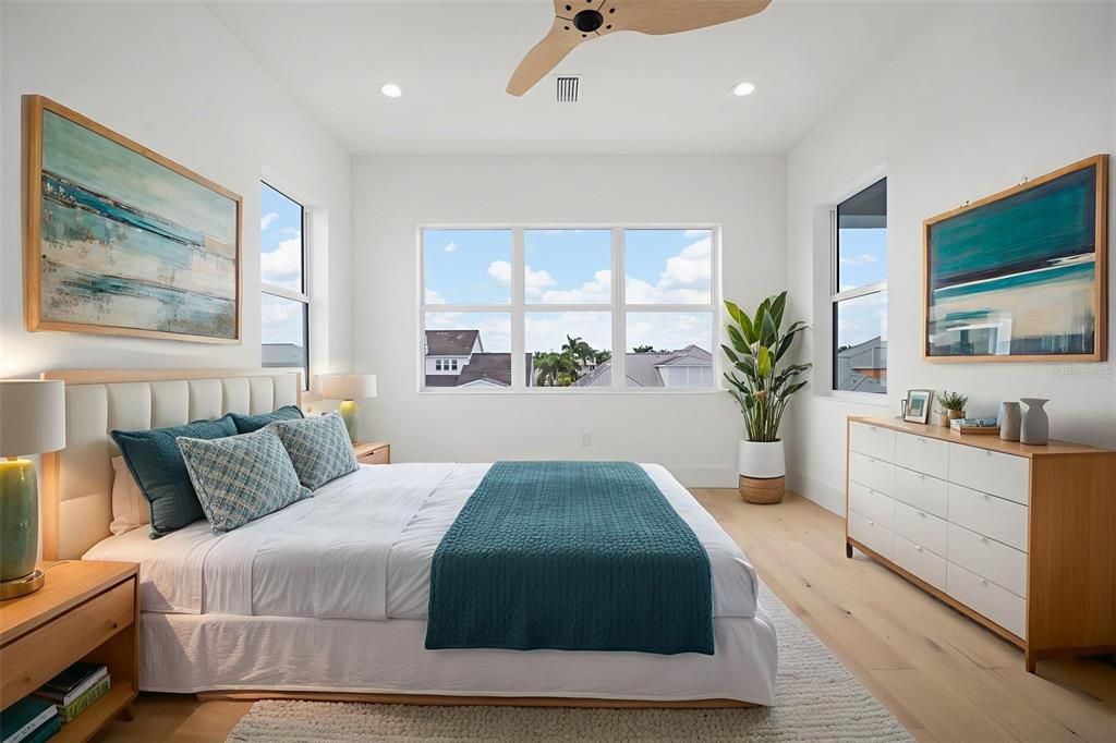 Bedroom, Interior, Recessed Lighting, Water, Wood Texture Flooring