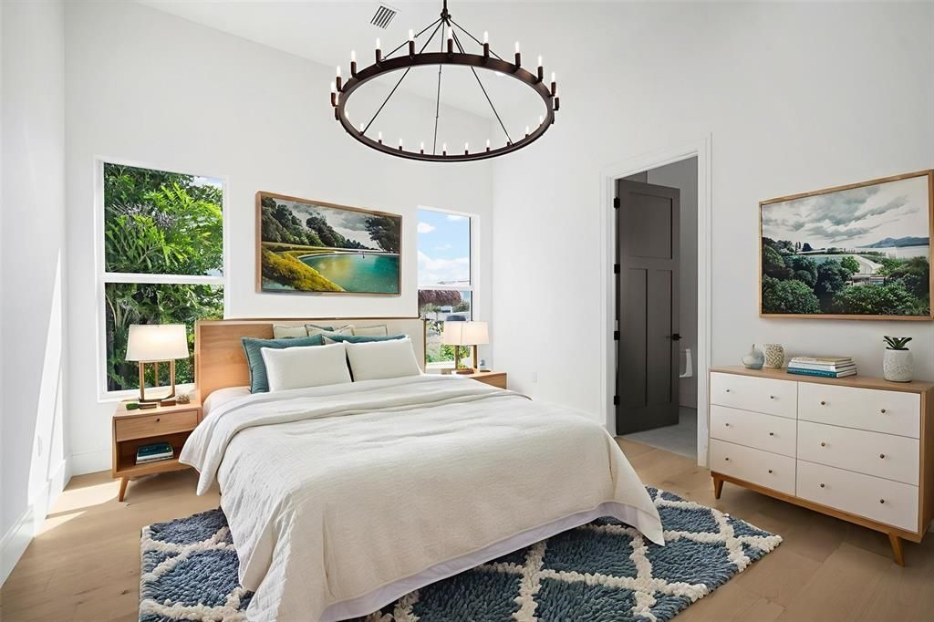 Bedroom, Interior, Pendant Lights, Wood Texture Flooring