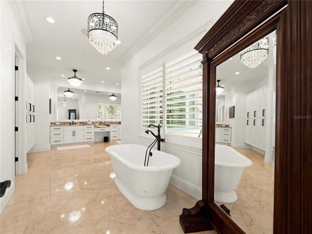 Bathroom, Chandelier, Free Standing Baths, Interior, Marble, Recessed Lighting