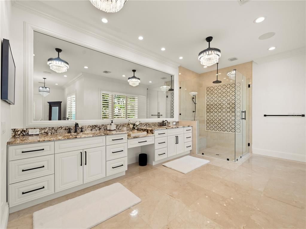 Bathroom, Chandelier, Dual Sink Vanities, Glass Shower, Interior, Pendant Lights, Recessed Lighting