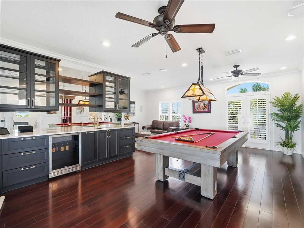 Billiard Table, Game Room, Interior, Pendant Lights, Recessed Lighting, Wood Texture Flooring