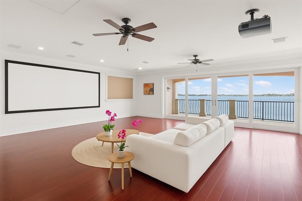 Interior, Living room, Projection Screen, Recessed Lighting, Water, Wood Texture Flooring