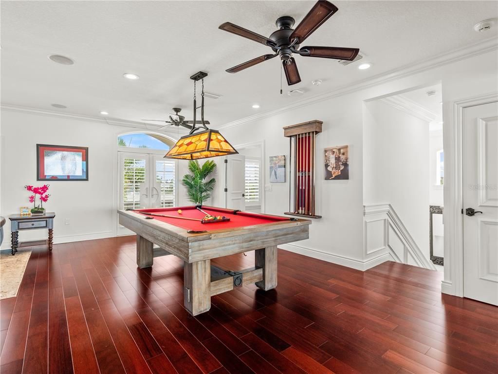 Billiard Table, Game Room, Interior, Pendant Lights, Recessed Lighting, Wood Texture Flooring