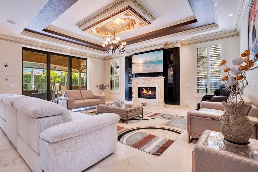 Chandelier, Fireplace, Interior, Living room, Recessed Lighting