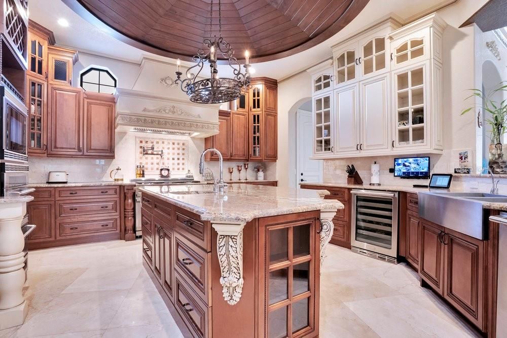 Chandelier, Interior, Kitchen, Pendant Lights, Recessed Lighting, Stainless Steel Appliances, Wooden Ceilings