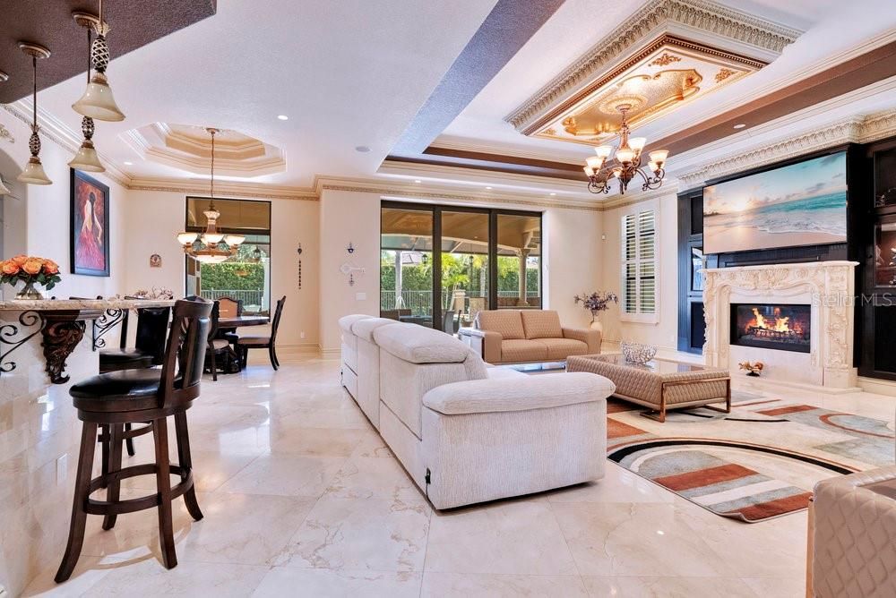 Chandelier, Dining room, Fireplace, Interior, Living room, Pendant Lights, Recessed Lighting