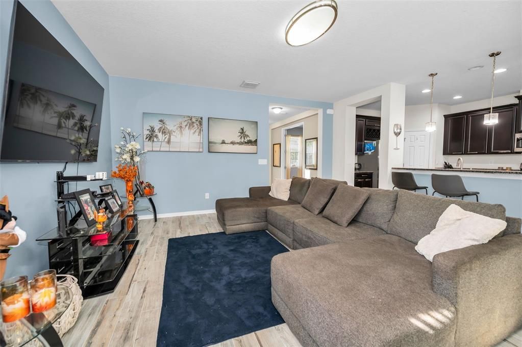 Interior, Living room, Pendant Lights, Recessed Lighting, Wood Texture Flooring