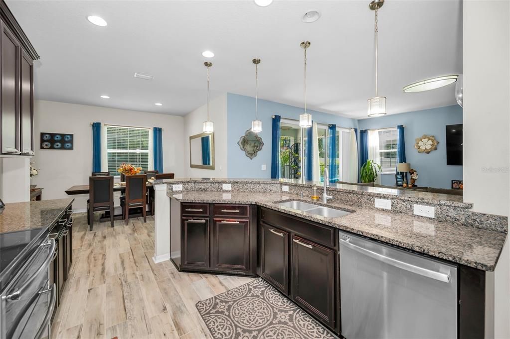 Dining room, Interior, Kitchen, Pendant Lights, Recessed Lighting, Wood Texture Flooring