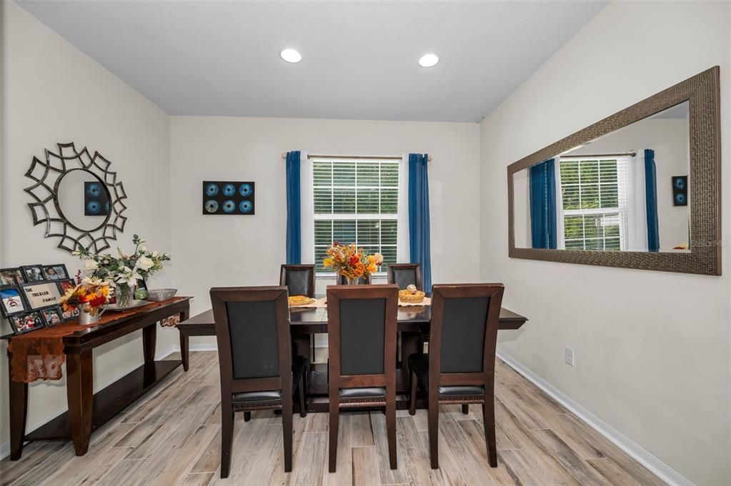 Dining room, Interior, Recessed Lighting, Wood Texture Flooring