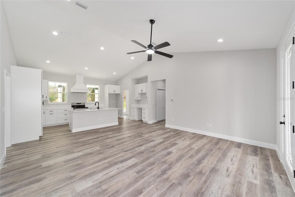 Empty room, Interior, Kitchen, Recessed Lighting, Wood Texture Flooring