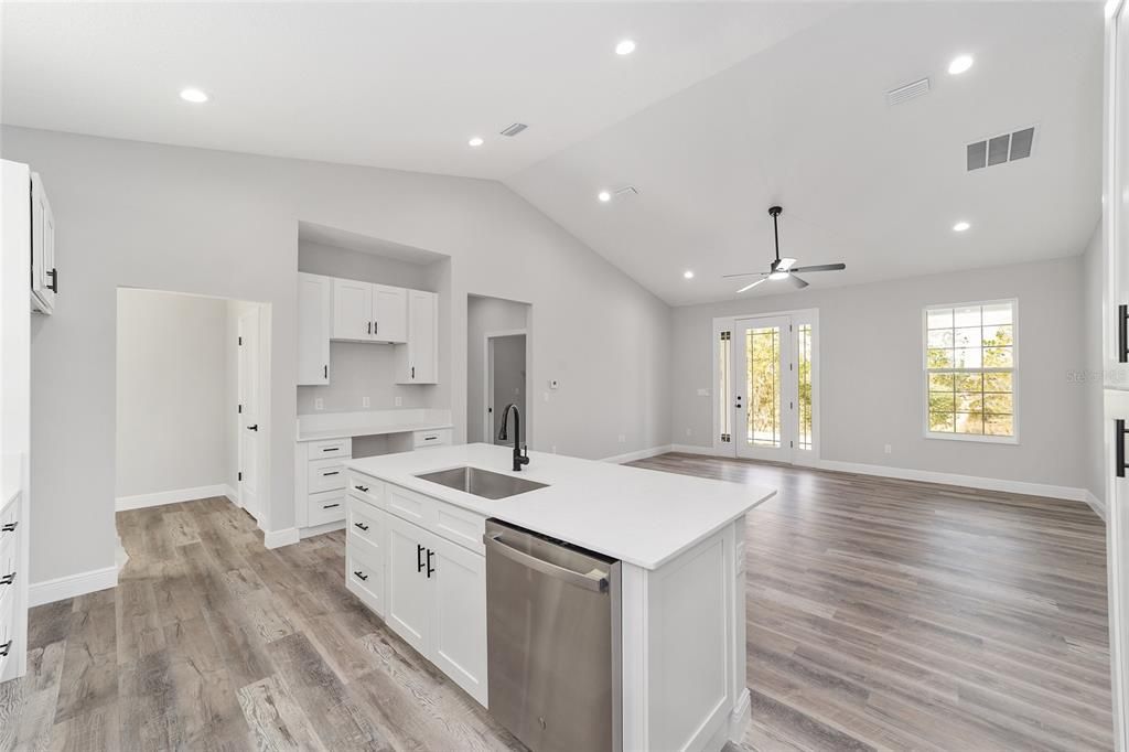 Interior, Kitchen, Recessed Lighting, Wood Texture Flooring