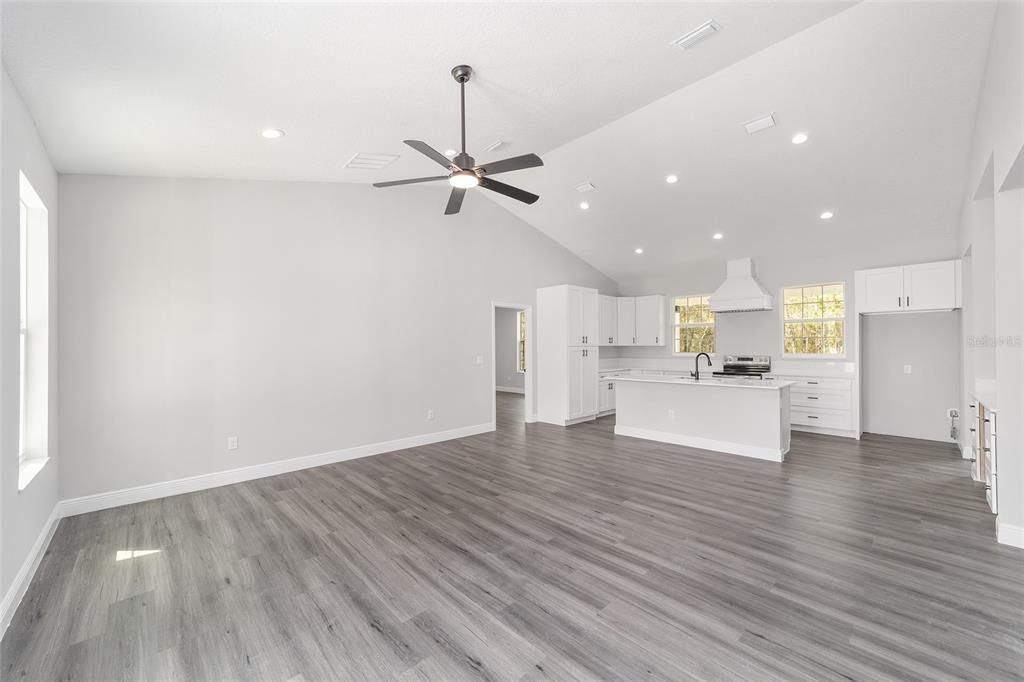 Empty room, Interior, Kitchen, Recessed Lighting, Wood Texture Flooring