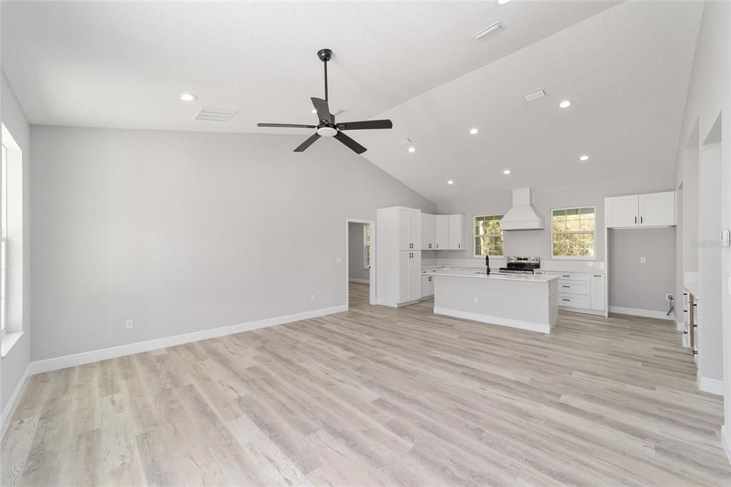 Empty room, Interior, Kitchen, Recessed Lighting, Wood Texture Flooring