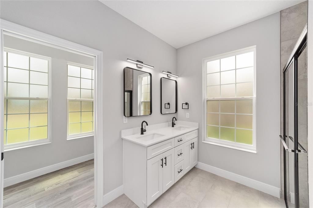 Bathroom, Dual Sink Vanities, Interior, Wood Texture Flooring