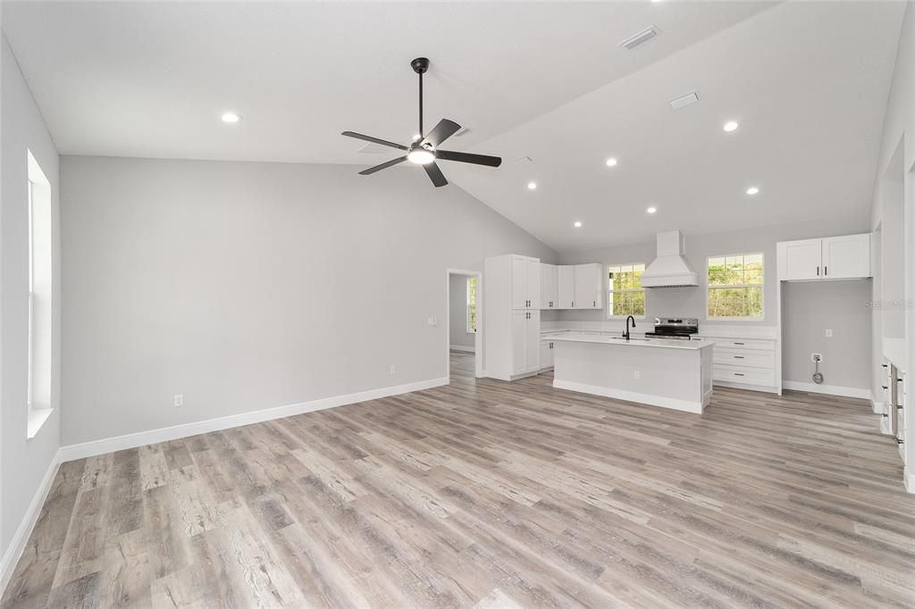 Empty room, Interior, Kitchen, Recessed Lighting, Wood Texture Flooring