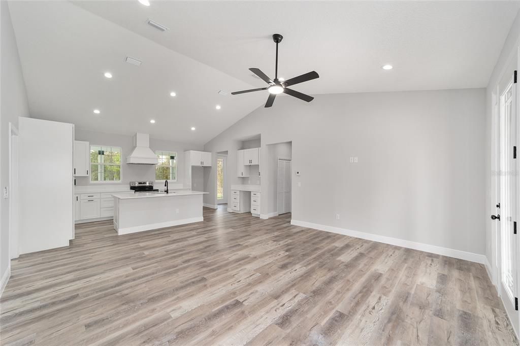 Empty room, Interior, Kitchen, Recessed Lighting, Wood Texture Flooring