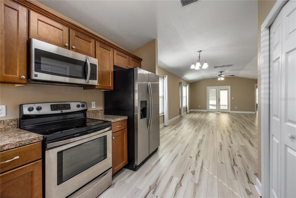 Chandelier, Interior, Kitchen, Pendant Lights, Wood Texture Flooring