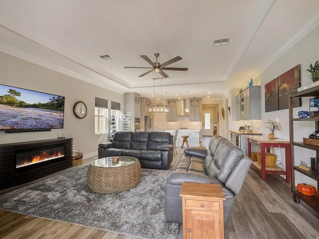 Fireplace, Interior, Kitchen, Living room, Pendant Lights, Recessed Lighting, Wood Texture Flooring