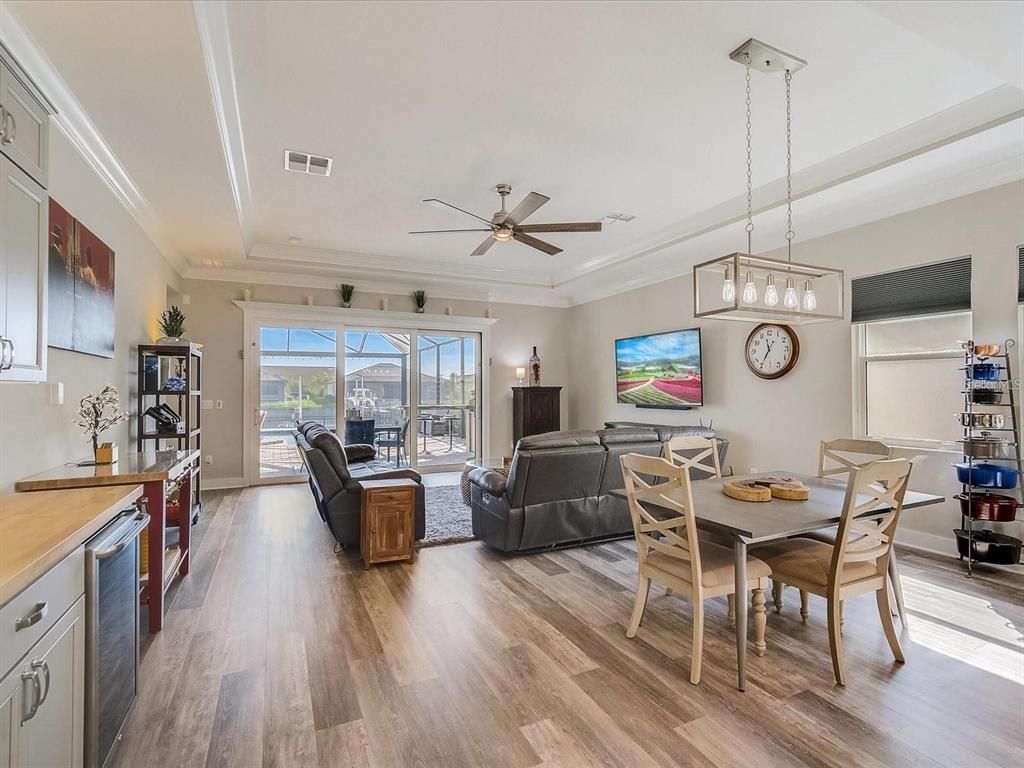 Dining room, Interior, Living room, Pendant Lights, Wood Texture Flooring