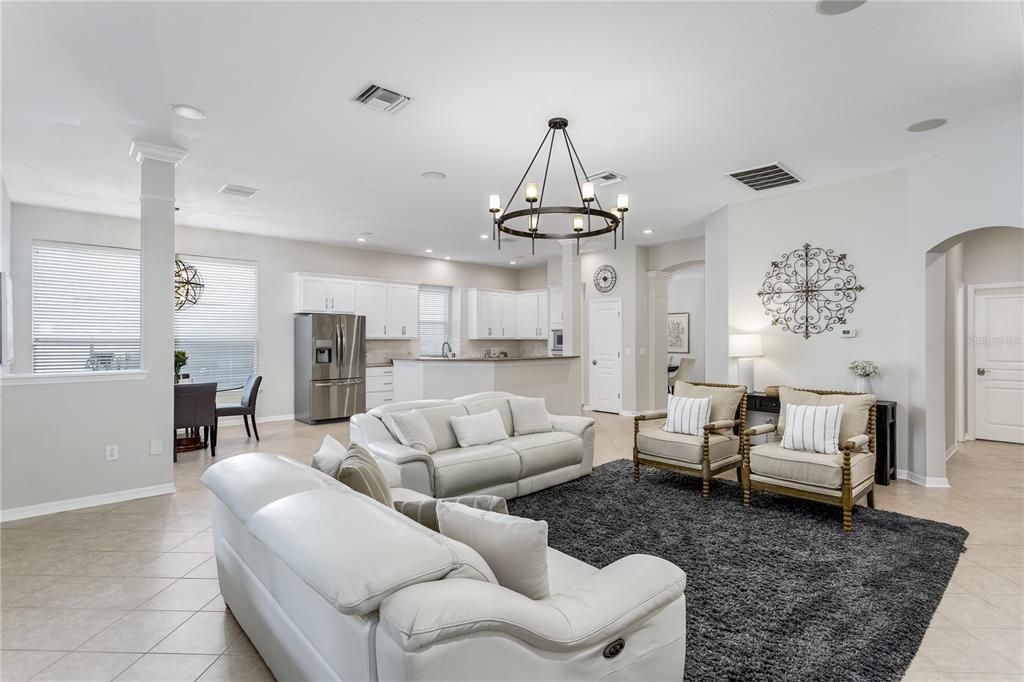Chandelier, Dining room, Interior, Kitchen, Living room, Recessed Lighting, Stainless Steel Appliances