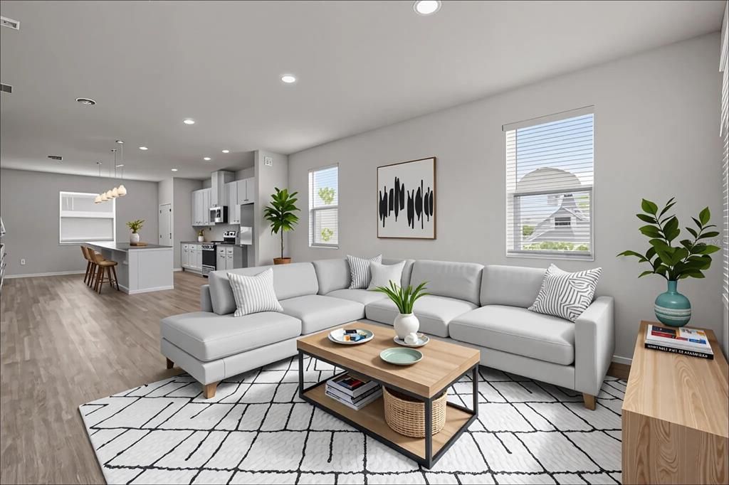 Dining room, Interior, Kitchen, Living room, Pendant Lights, Recessed Lighting, Stainless Steel Appliances, Wood Texture Flooring