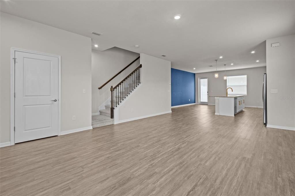 Empty room, Interior, Kitchen, Pendant Lights, Recessed Lighting, Wood Texture Flooring