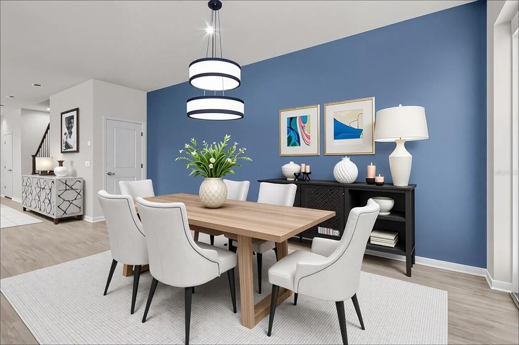 Dining room, Interior, Pendant Lights, Recessed Lighting, Wood Texture Flooring