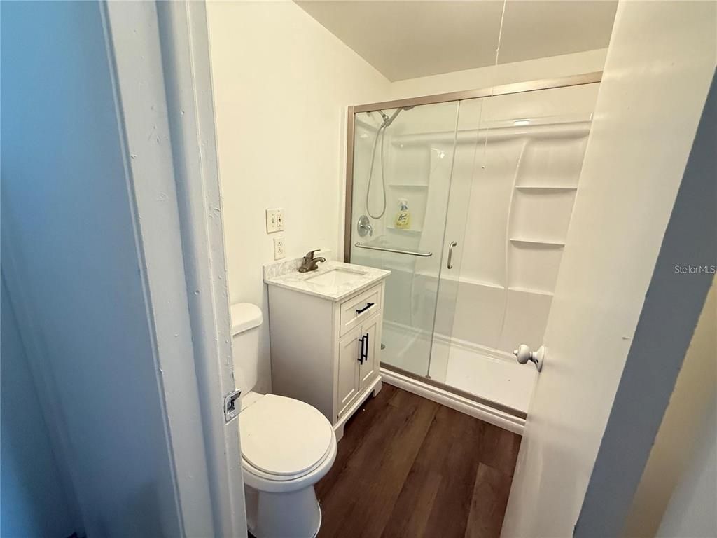 Bathroom, Glass Shower, Interior, Wood Texture Flooring