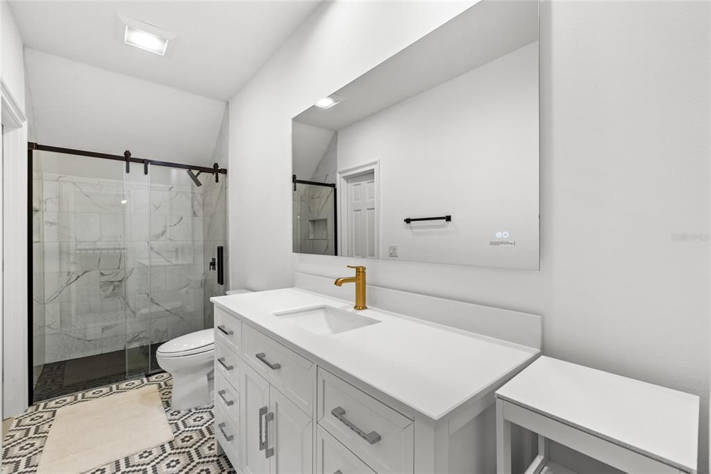Bathroom, Glass Shower, Interior, Marble Walls, Recessed Lighting