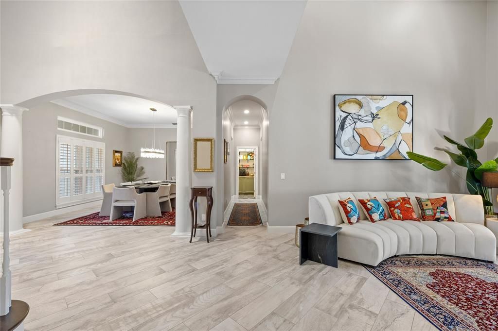 Dining room, Interior, Living room, Pendant Lights, Wood Texture Flooring