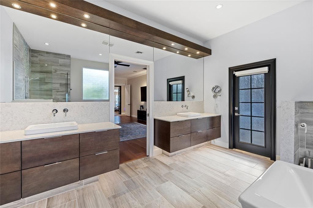 Bathroom, Dual Sink Vanities, Glass Shower, Interior, Recessed Lighting, Wood Texture Flooring
