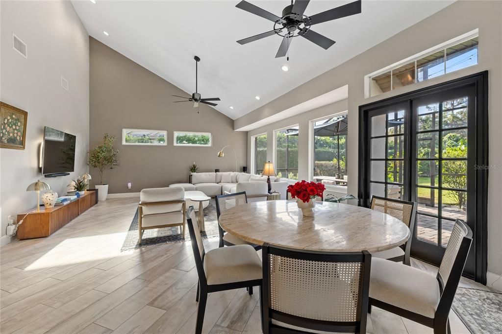Dining room, Interior, Living room, Recessed Lighting, Wood Texture Flooring