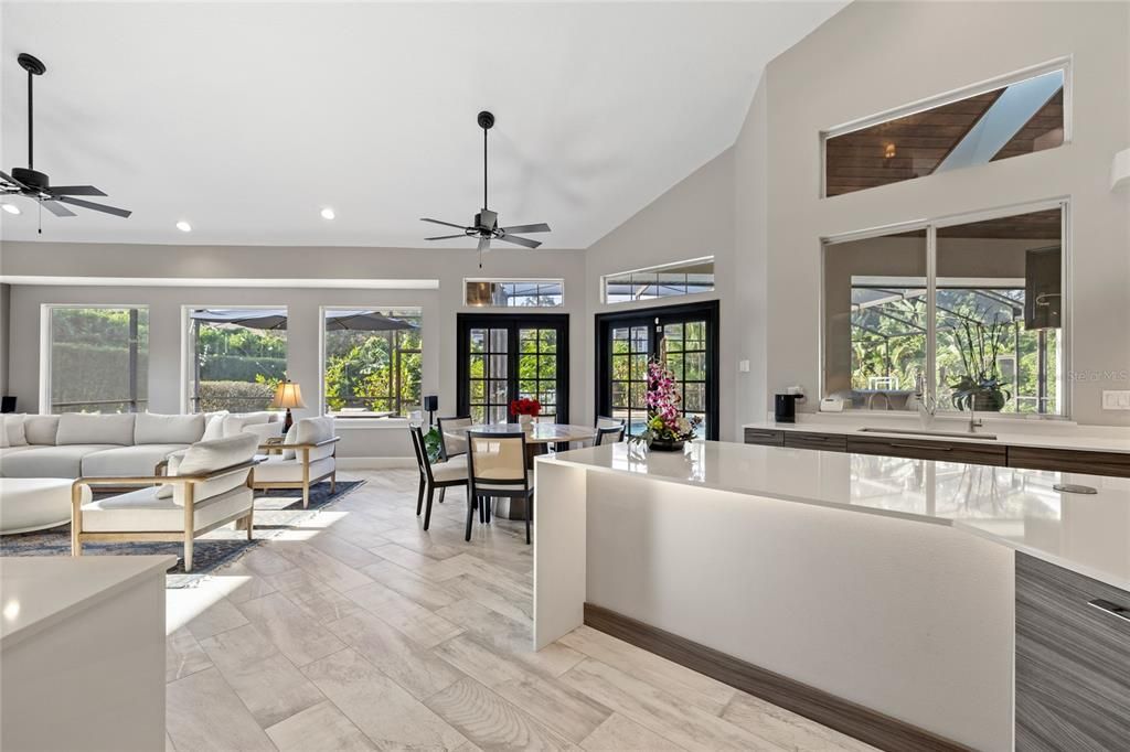 Dining room, Interior, Living room, Recessed Lighting, Wood Texture Flooring