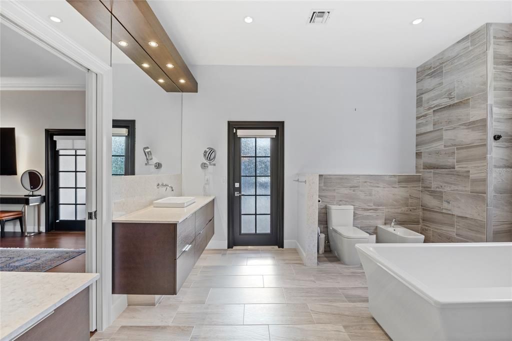 Bathroom, Free Standing Baths, Interior, Recessed Lighting, Wood Texture Flooring, Wooden Walls