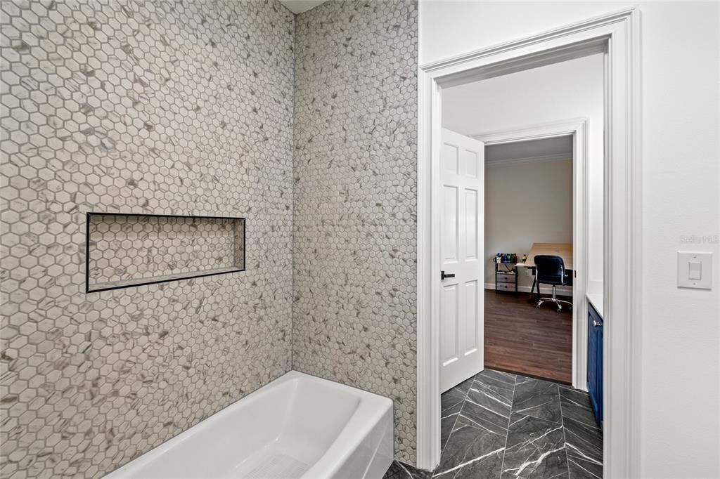 Bathroom, Interior, Stone Walls, Wood Texture Flooring