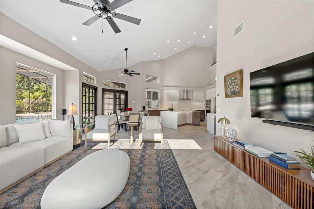 Dining room, Interior, Kitchen, Living room, Recessed Lighting, Stainless Steel Appliances, Wood Texture Flooring