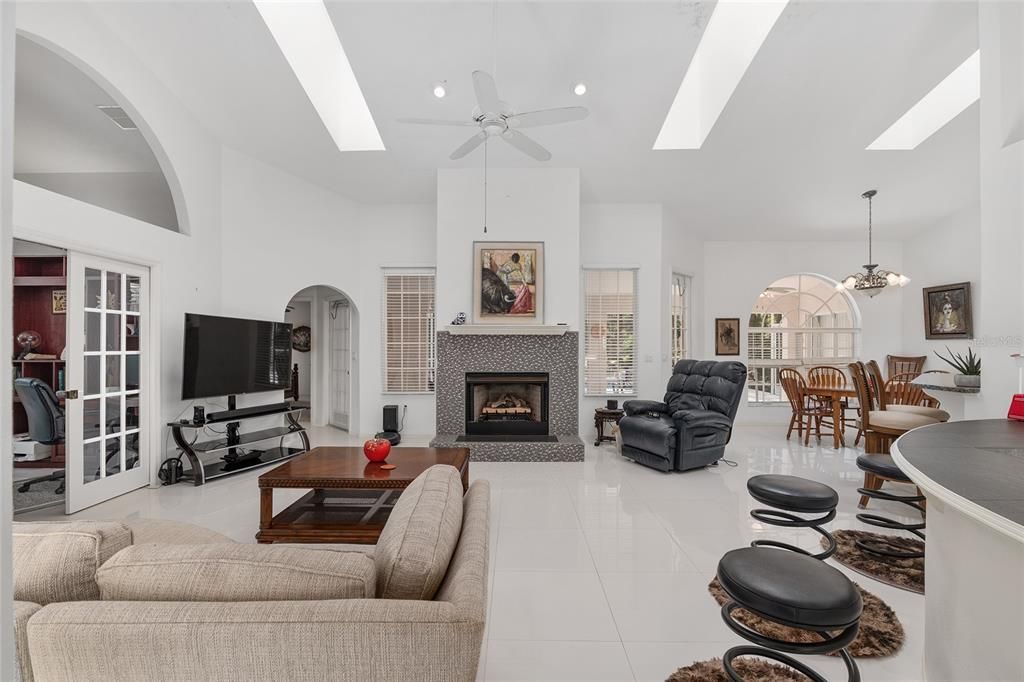 Chandelier, Dining room, Fireplace, Interior, Living room, Recessed Lighting