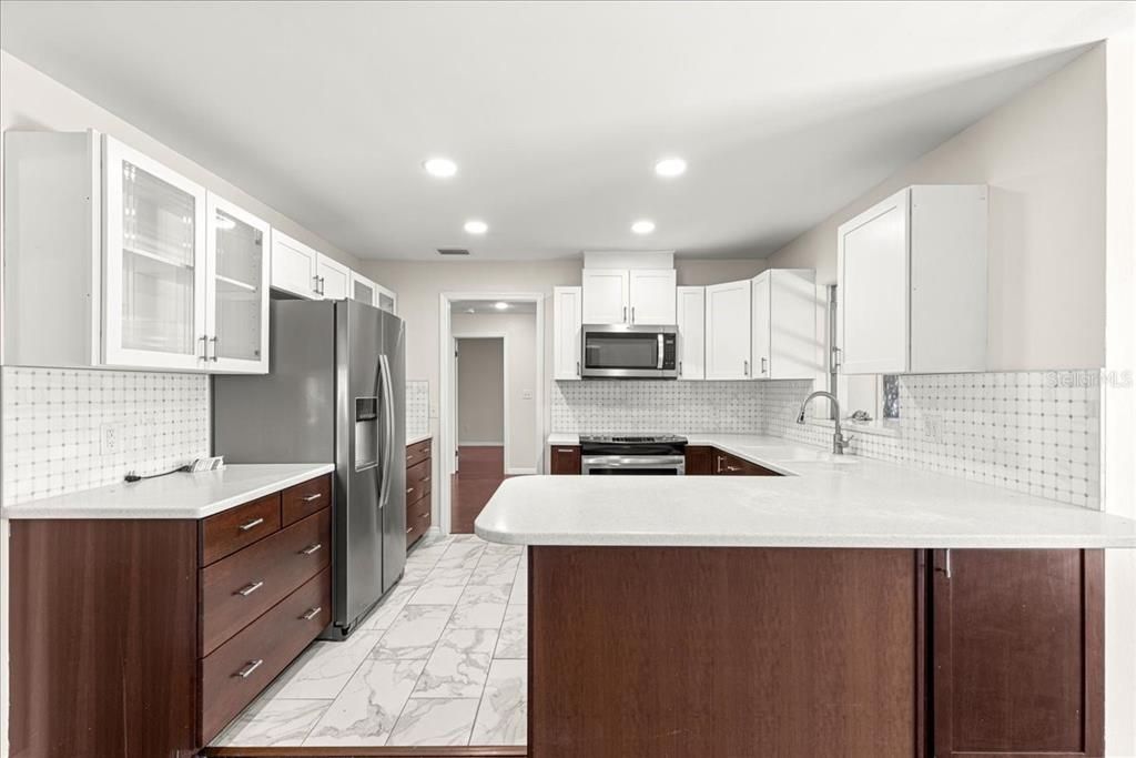 Interior, Kitchen, Marble, Recessed Lighting, Stainless Steel Appliances