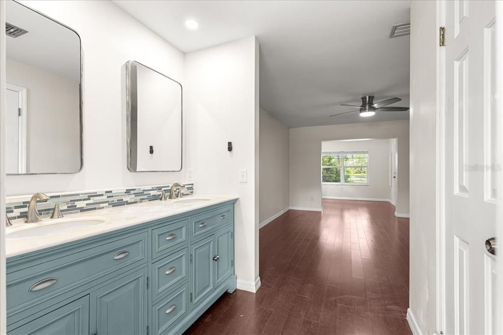 Bathroom, Dual Sink Vanities, Interior, Recessed Lighting, Wood Texture Flooring