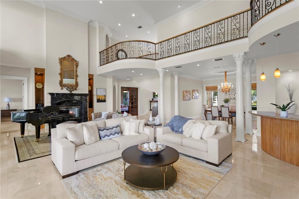 Chandelier, Dining room, Fireplace, Interior, Living room, Pendant Lights, Piano, Recessed Lighting