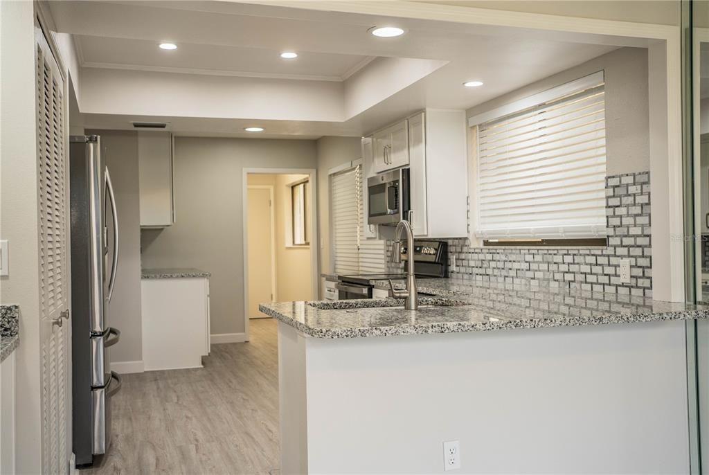 Interior, Kitchen, Recessed Lighting, Stainless Steel Appliances, Wood Texture Flooring