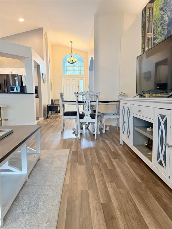 Dining room, Interior, Pendant Lights, Recessed Lighting, Wood Texture Flooring