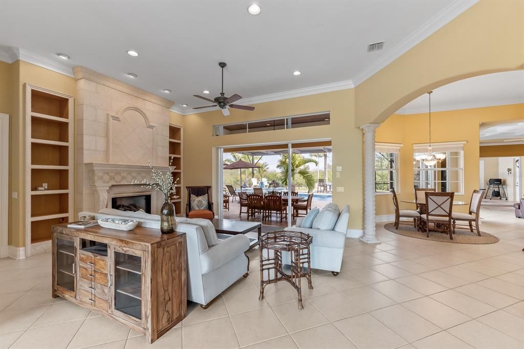 Dining room, Fireplace, Interior, Living room, Pendant Lights, Recessed Lighting
