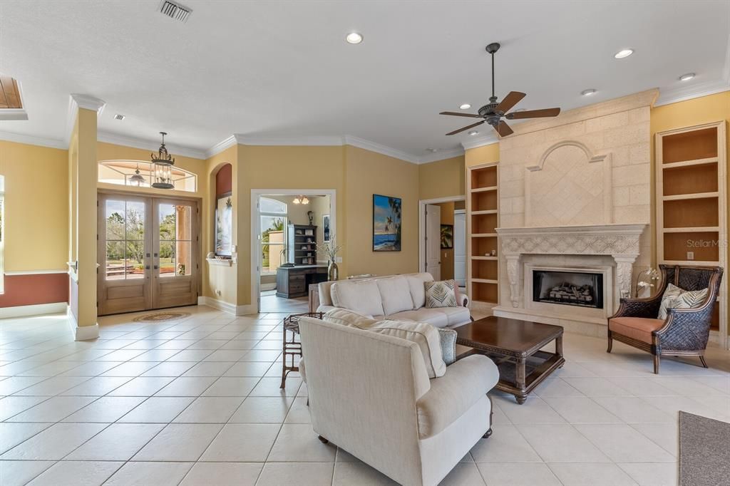 Chandelier, Fireplace, Interior, Living room, Recessed Lighting