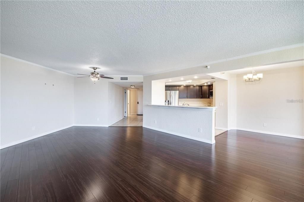 Chandelier, Empty room, Interior, Kitchen, Recessed Lighting, Wood Texture Flooring