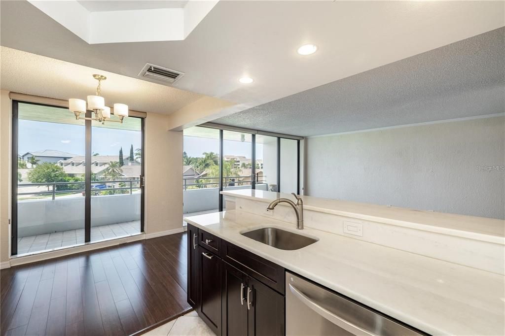 Chandelier, Interior, Kitchen, Recessed Lighting, Wood Texture Flooring