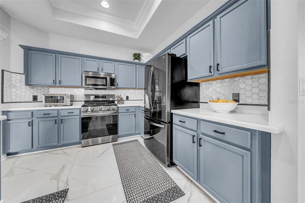 Interior, Kitchen, Marble, Recessed Lighting, Stainless Steel Appliances